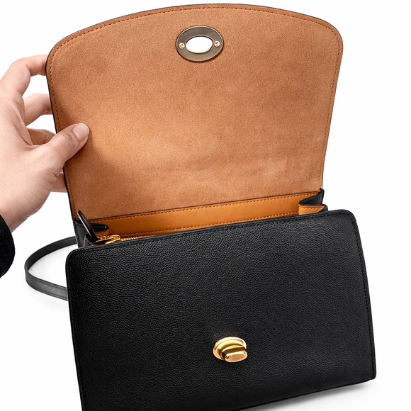 COACH Tilly Crossbody Top Handle Twist Lock Black Gold Leather Bag - Picture 5 of 5